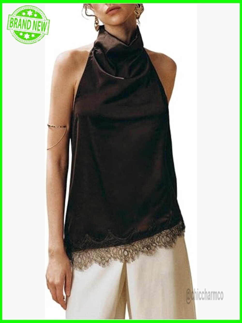 Sleeveless Satin Blouse Lace Trim Mock Neck Halter Top Y2K Asymmetrical
